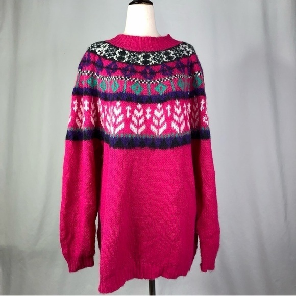 VINTAGE Venezia bright pink fair isle sweater faux mohair 1980s 18/20 - Picture 1 of 8